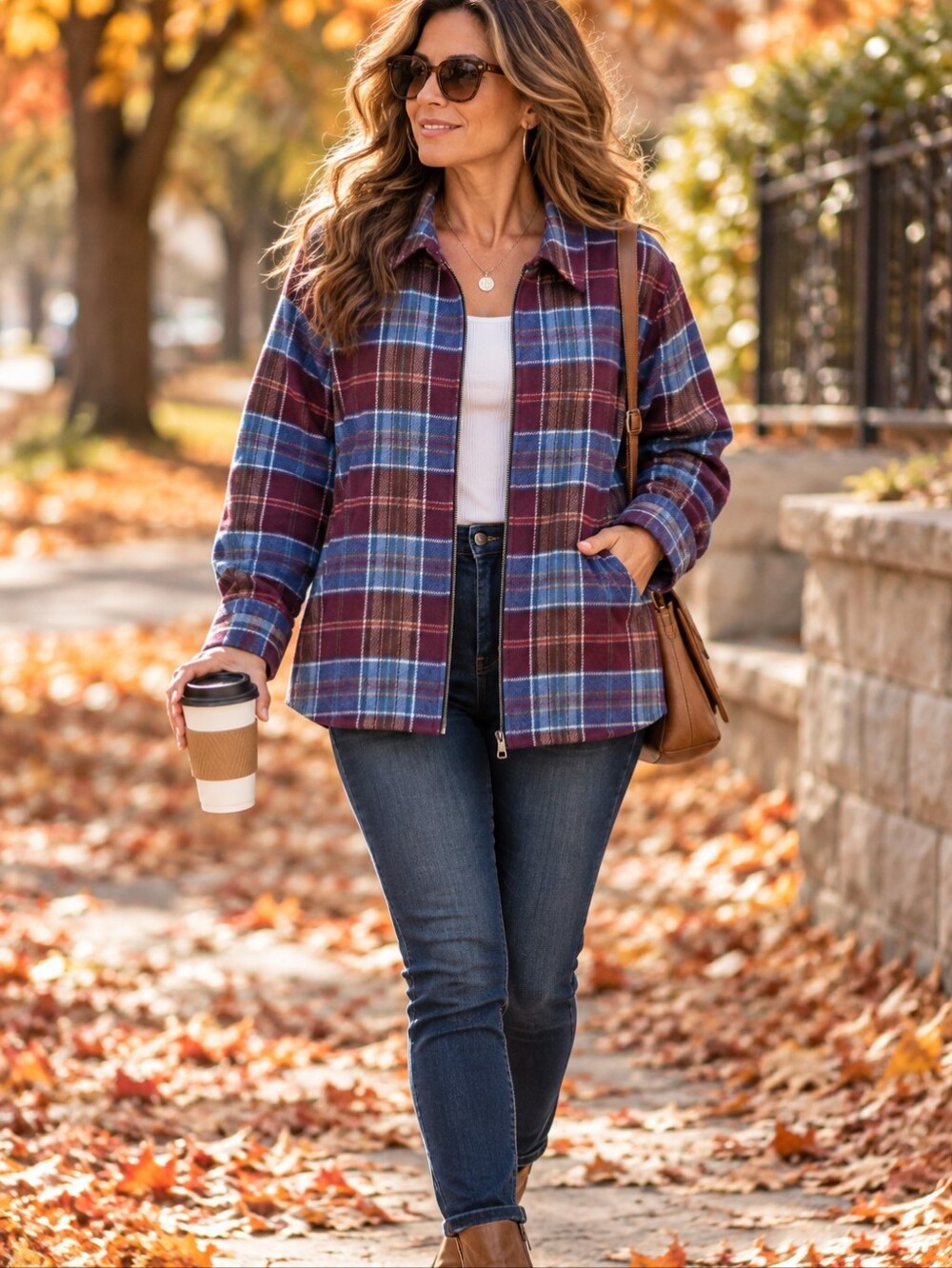 Crazy Horse By Liz Claiborne Casual Plaid Zip-Front Shirt Jacket - Burgundy/Blue